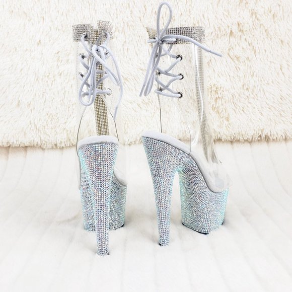 Bejeweled Rhinestone Platform Heel Ankle Boots Wit - Picture 12 of 17
